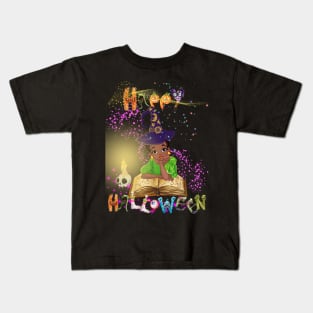 Young witch reading spellbook before halloween start Kids T-Shirt